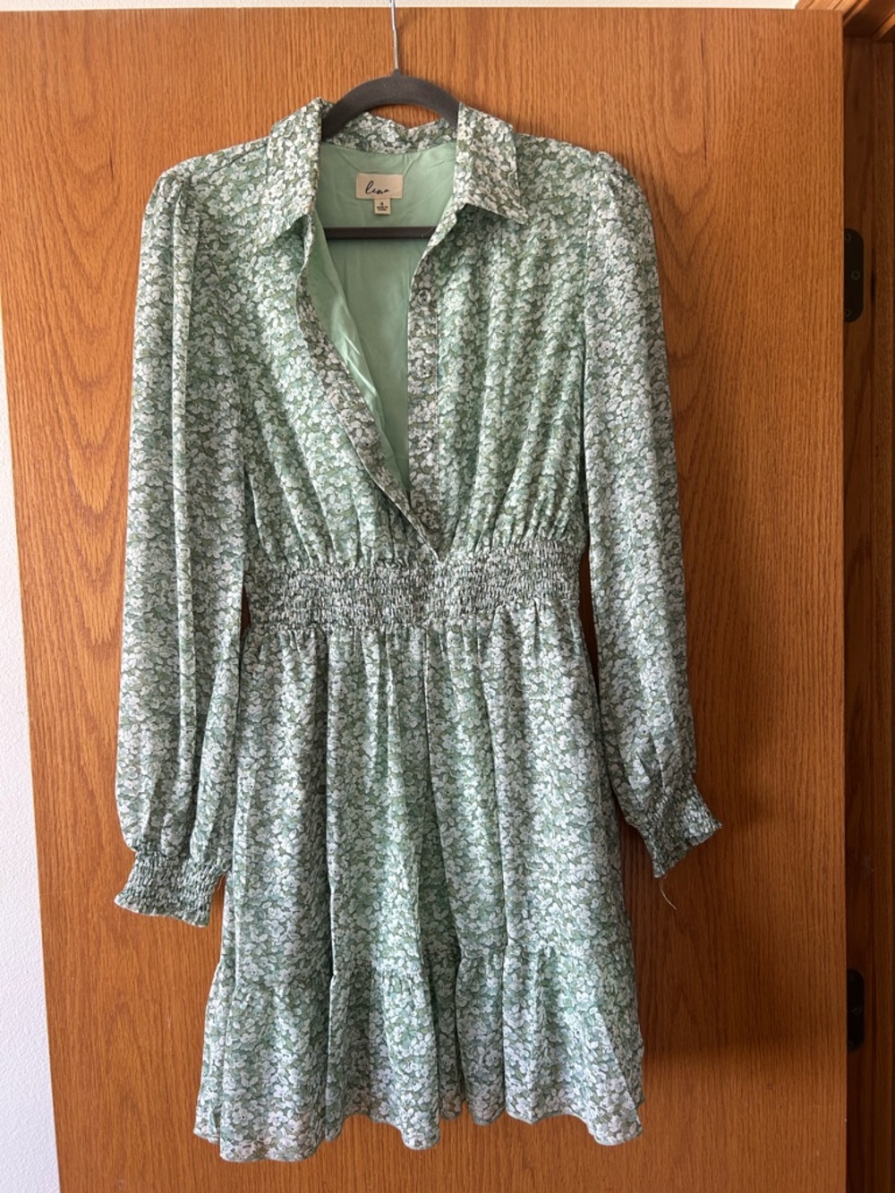 Lena Brand Sage Green Floral Smocked Waist Long Sleeve Dress